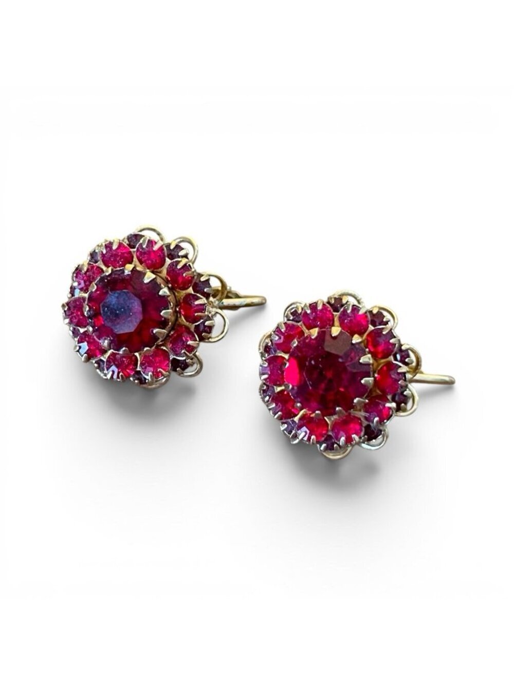 Vintage Sarah Coventry Unsigned Deep Burgundy Earrings Red Rhinestone Clip On